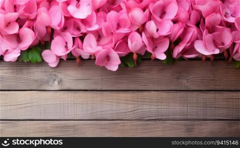 Pink artificial flowers on brown wooden background. Top view with copy space