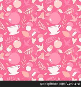 Pink autumn seamless pattern with mushrooms, leaves and other elements.