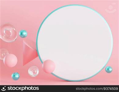 Pink background with 3d shapes and empty space for text. White, blank circle shape with copy space. Place here your advertising, announcement, logo. Pastel colors. 3D rendering. Pink background with 3d shapes and empty space for text. White, blank circle shape with copy space. Place here your advertising, announcement, logo. Pastel colors. 3D rendering.