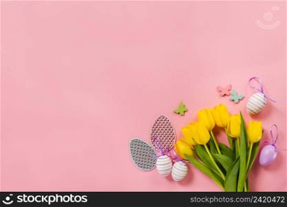 pink background with flowers easter eggs