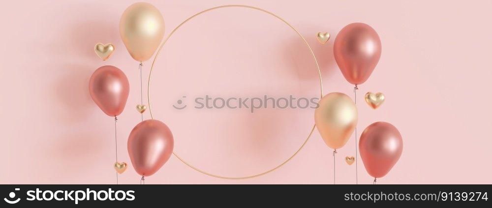 Pink background with golden hearts, balloons and copy space. Valentine&rsquo;s Day, Mother&rsquo;s Day, Wedding backdrop. Empty space for advertising text, invitation, logo. Banner. 3D render. Pink background with golden hearts, balloons and copy space. Valentine&rsquo;s Day, Mother&rsquo;s Day, Wedding backdrop. Empty space for advertising text, invitation, logo. Banner. 3D render.