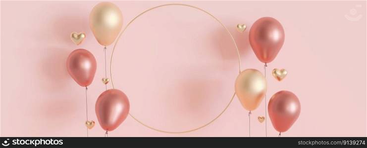 Pink background with golden hearts, balloons and copy space. Valentine&rsquo;s Day, Mother&rsquo;s Day, Wedding backdrop. Empty space for advertising text, invitation, logo. Banner. 3D render. Pink background with golden hearts, balloons and copy space. Valentine&rsquo;s Day, Mother&rsquo;s Day, Wedding backdrop. Empty space for advertising text, invitation, logo. Banner. 3D render.