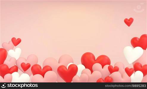 Pink background with heart shapes around in the bottom for Valentine’s day concept,3d illustration. 3d rendering