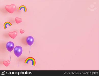Pink background with hearts, balloons, rainbows with lgbt colors. Copy space. Valentine’s Day, Wedding backdrop. Empty space for advertising text. Diversity, homosexuality. LGBT community. 3D render. Pink background with hearts, balloons, rainbows with lgbt colors. Copy space. Valentine’s Day, Wedding backdrop. Empty space for advertising text. Diversity, homosexuality. LGBT community. 3D render.