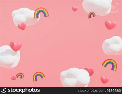 Pink background with hearts, clouds, rainbows with lgbt colors and copy space. Valentine’s Day backdrop. Empty space for advertising text. Diversity, homosexuality. LGBT community. Banner. 3D render. Pink background with hearts, clouds, rainbows with lgbt colors and copy space. Valentine’s Day backdrop. Empty space for advertising text. Diversity, homosexuality. LGBT community. Banner. 3D render.
