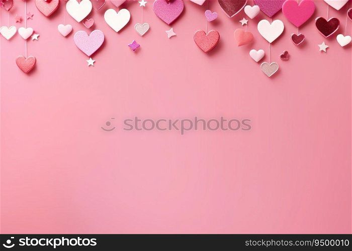 Pink background with hearts, stars and copy space. It’s a girl backdrop with empty space for text. Baby shower or birthday invitation, party. Women’s Day. Baby girl birth announcement. Generative AI. Pink background with hearts, stars and copy space. It’s a girl backdrop with empty space for text. Baby shower or birthday invitation, party. Women’s Day. Baby girl birth announcement. Generative AI.