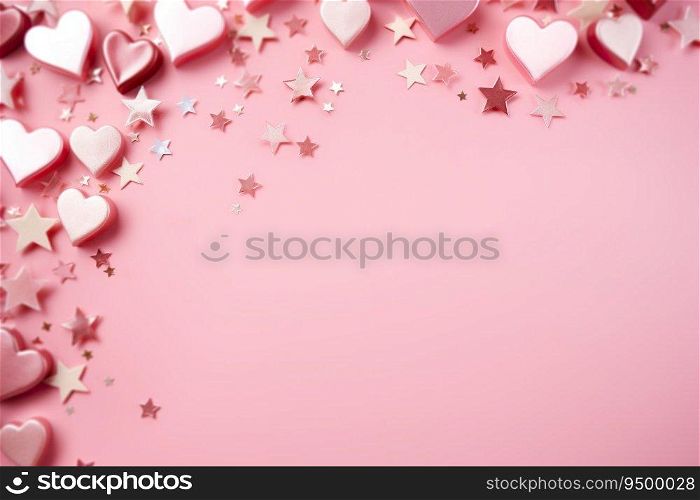 Pink background with hearts, stars and copy space. It&rsquo;s a girl backdrop with empty space for text. Baby shower or birthday invitation, party. Women&rsquo;s Day. Baby girl birth announcement. Generative AI. Pink background with hearts, stars and copy space. It&rsquo;s a girl backdrop with empty space for text. Baby shower or birthday invitation, party. Women&rsquo;s Day. Baby girl birth announcement. Generative AI.