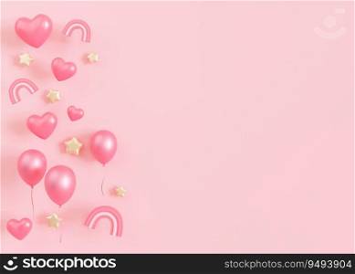 Pink background with hearts, stars, balloons and copy space. It’s a girl backdrop with empty space for text. Baby shower or birthday invitation, party. Baby girl birth announcement. 3D render. Pink background with hearts, stars, balloons and copy space. It’s a girl backdrop with empty space for text. Baby shower or birthday invitation, party. Baby girl birth announcement. 3D render.