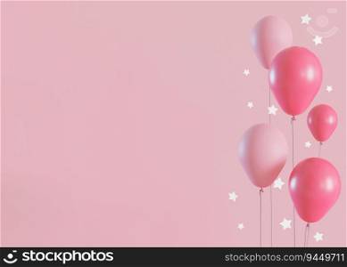 Pink background with helium balloons, stars and copy space. It’s a girl backdrop with empty space for text. Baby shower or birthday invitation, party. Baby girl birth announcement. 3D render. Pink background with helium balloons, stars and copy space. It’s a girl backdrop with empty space for text. Baby shower or birthday invitation, party. Baby girl birth announcement. 3D render.