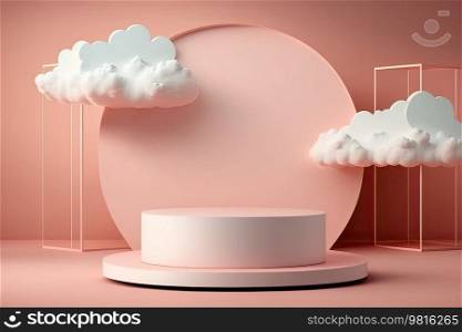 Pink background with podium and eucalyptus leaves. Illustration Generative AI
