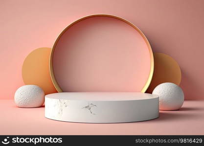Pink background with podium. Illustration Generative AI