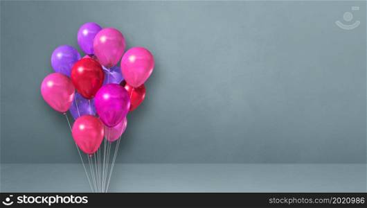 Pink balloons bunch on a grey wall background. Horizontal banner. 3D illustration render. Pink balloons bunch on a grey wall background. Horizontal banner.
