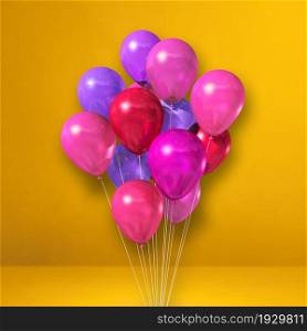 Pink balloons bunch on a yellow wall background. 3D illustration render. Pink balloons bunch on a yellow wall background
