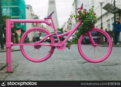 Pink Bicycle Gate in Reykjavik Streets, Iceland