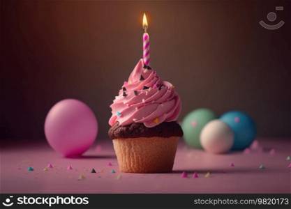 Pink birthday cupcake background. Illustration Generative AI