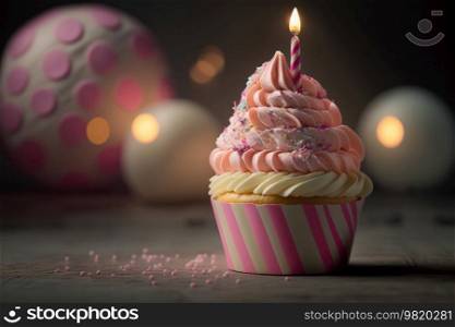 Pink birthday cupcake background. Illustration Generative AI