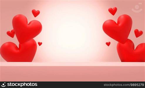 Pink blank square podium with red hearts shape in the behind in pink background ,3d rendering for valentine day. 3D illustration