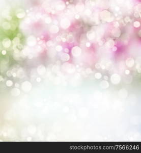 Pink, blue and green festive bokeh background with light beams. Pink and violet bokeh background