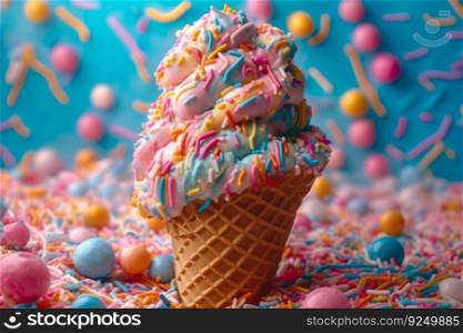 pink blue ice cream cone with confetti
 generative ai.