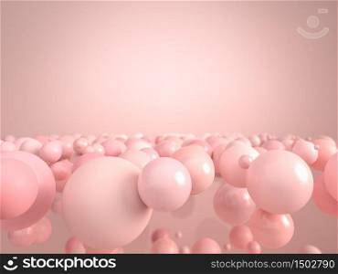Pink bubbles and spheres flying and floating over pink paper background in studio. 3d render. Use image in entertainment, fashion and cosmetics advertisement.. Pink bubbles and spheres flying and floating over pink paper background in studio. 3d illustration. Use image in entertainment, fashion and cosmetics advertisement.