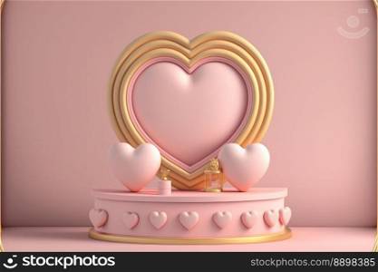 Pink cake decorated with hearts on a pinkish background. Romantic event. Generative AI