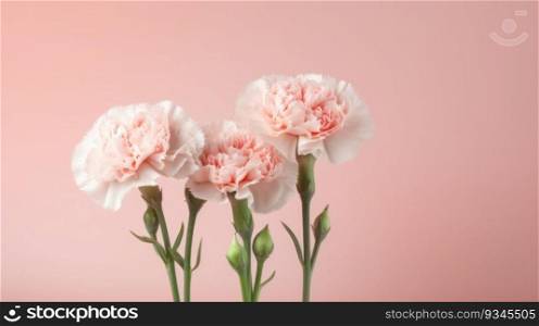 Pink carnations on a blush pink background with copy space. Created using AI Generated technology and image editing software.