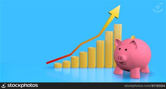 Pink ceramic piggy bank standing next to columns of gold coins forming economic growth graph with up arrow against blue background. Image with copy space. 3D Illustration. Pink ceramic piggy bank standing next to columns of gold coins forming economic growth graph with up arrow against blue background