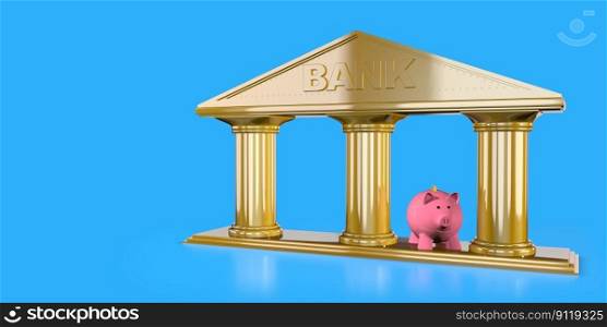 Pink ceramic piggy bank standing on bench icon with reflective gold texture against blue background. Image with copy space. 3D Illustration. Pink ceramic piggy bank standing on bench icon with reflective gold texture against blue background