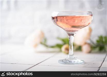 Pink champagne or cocktail in a glass on white background. Pink champagne or cocktail
