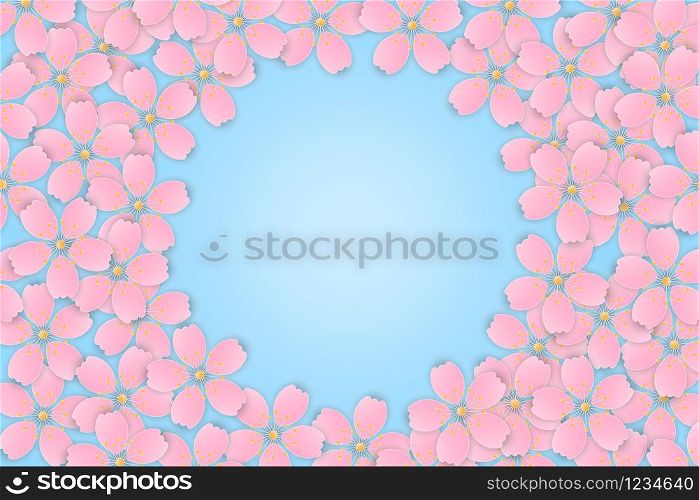Pink Cherry Blossom Sakura flowers blooming background with copy space, paper cut style, Vector illustration