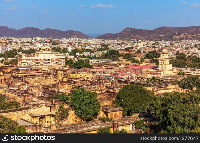 Pink City of Jaipur, eaerial view on the ancient buildings, India.