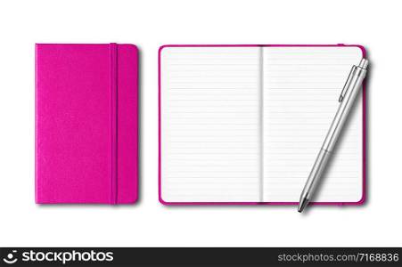 Pink closed and open lined notebooks with a pen isolated on white. Pink closed and open notebooks with a pen isolated on white
