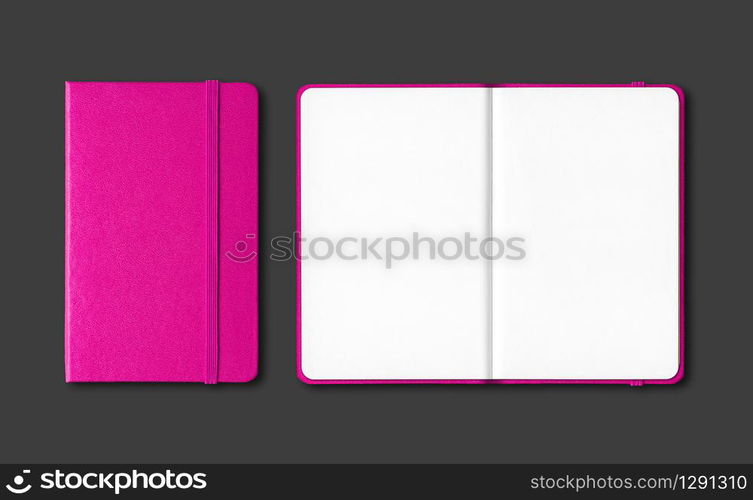 Pink closed and open notebooks mockup isolated on black. Pink closed and open notebooks isolated on black