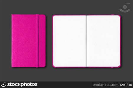 Pink closed and open notebooks mockup isolated on black. Pink closed and open notebooks isolated on black