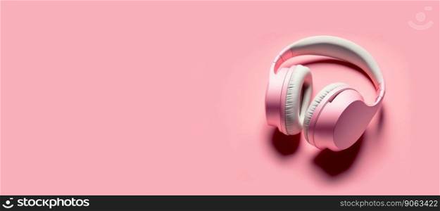 pink cordless headphones web banner background with copy space. pink cordless headphones web banner background