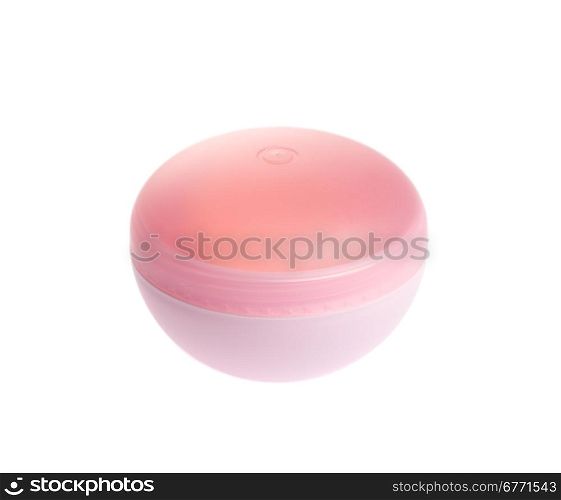 Pink cosmetic jar with cream isolated on white background, upper angle, studio shot