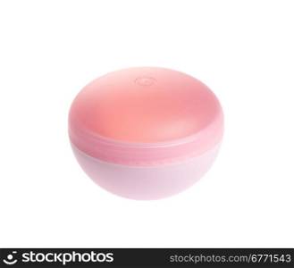 Pink cosmetic jar with cream isolated on white background, upper angle, studio shot