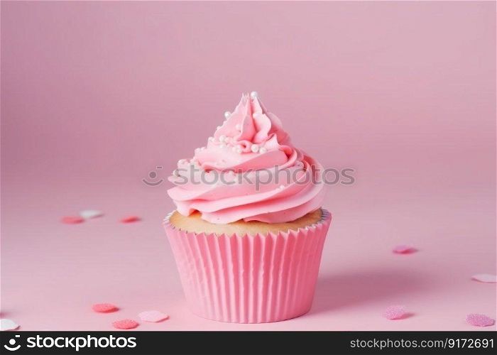 Pink cupcake with copy space on pink background. Happy Birthday, Mother&rsquo;s or Woman&rsquo;s Day, Valentin&rsquo;s Day dessert. Empty space for text. Postcard, greeting card design. Generative AI. Pink cupcake with copy space on pink background. Happy Birthday, Mother&rsquo;s or Woman&rsquo;s Day, Valentin&rsquo;s Day dessert. Empty space for text. Postcard, greeting card design. Generative AI.