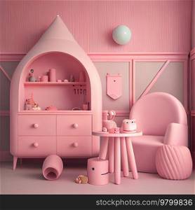 Pink Cute Childish Room Interior. AI Generative 