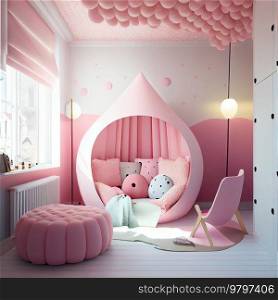 Pink Cute Childish Room Interior. Generative AI