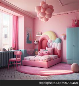 Pink Cute Childish Room Interior. Generative AI