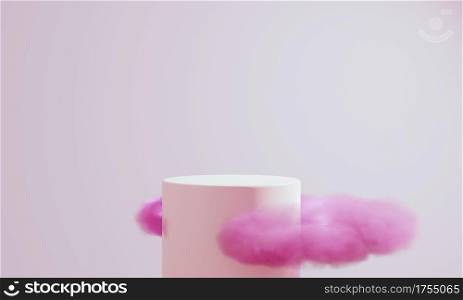 Pink cylinder product podium with fluffy cloud with copy space background. Abstract and minimalism concept. 3D illustration rendering