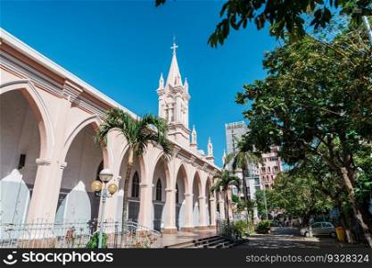 Pink Da Nang Cathedral church. Landmark and popular for tourist attraction. Vietnam and Southeast Asia travel concept