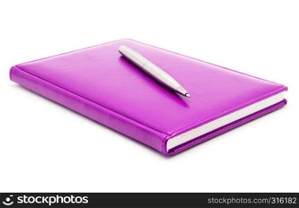 Pink diary and pen on a white background