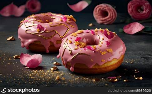 Pink donuts and flowers for any celebration on a dark background. Generative AI