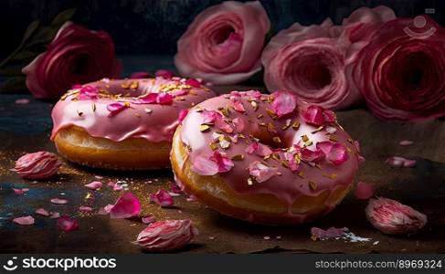 Pink donuts and flowers for any celebration on a dark background. Generative AI