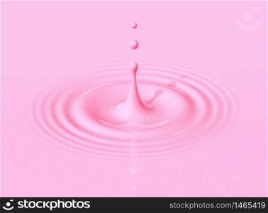 Pink drop of strawberry milk splashing and making ripple. 3D illustration. Pink drop of strawberry milk and ripple