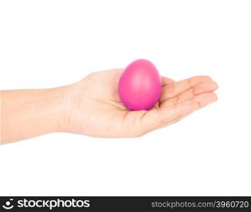 pink easter egg in hand on white background