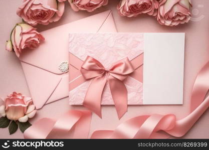 Pink envelop with white card and rose, AI Generative