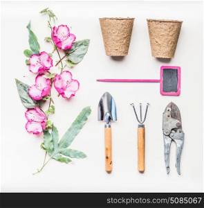 Pink female Gardening equipment flat lay for planting, weeding, pruning with garden tools, flowers plant , pots ,Shears and sign on white table background, top view